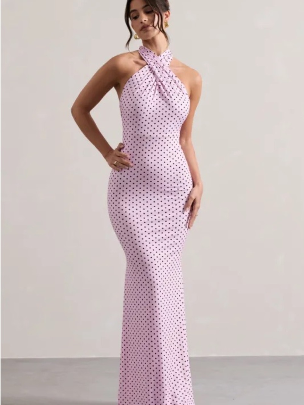 Twist Halter Pink Polka Dot Maxi Dress